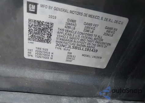 2020 Chevrolet Trax Fwd Lt z USA, uszkodzony, nr VIN 3GNCJLSB1LL191419